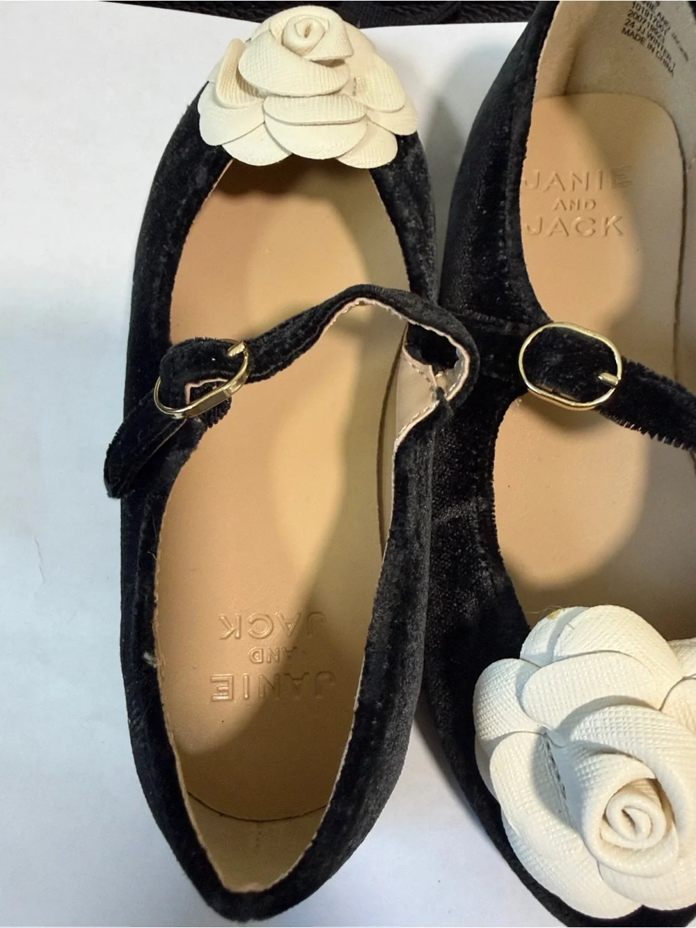 Janie and Jack Black Velvet Rosette Ballet Flats with White Floral Accent